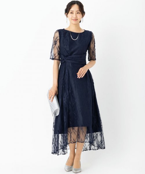 Select Shop  【ドレス2点SET】ウエストツイストオールレースドレス　ネイビー/S-M