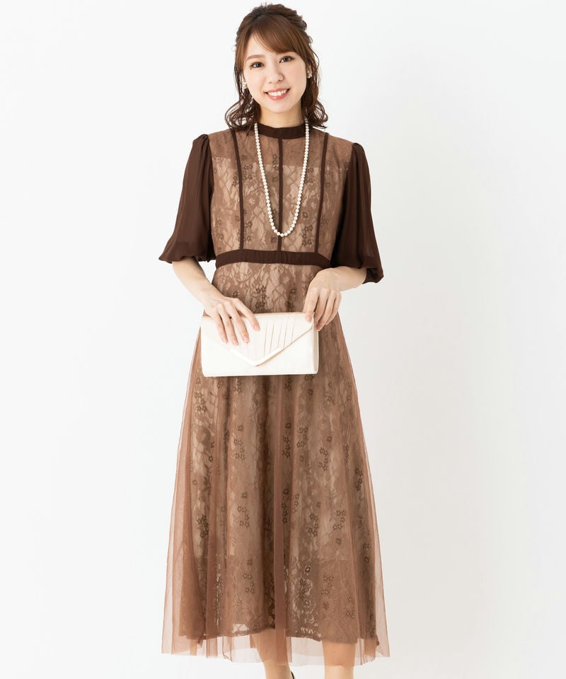 【ドレス2点セット】レジャ　ハイウエストチュールレース切り替えドレス　チョコブラウン/M