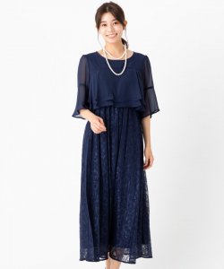 Select Shop  【授乳マタニティ】ティアードシフォン×レーススカートドレス　ネイビー/M