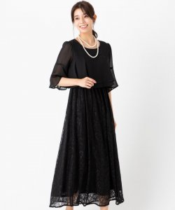 Select Shop  【授乳マタニティ】ティアードシフォン×レーススカートドレス　ブラック/L