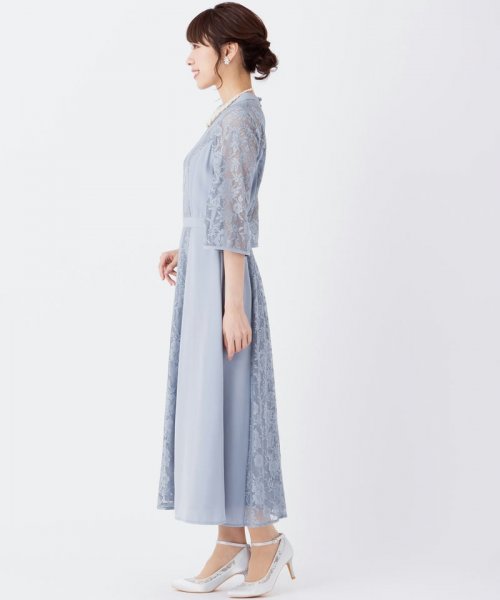 Select Shop  【ドレス2点SET】袖スリット異素材切替レースドレス　ブルーグレー/M