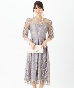Select Shop  【ドレス2点セット】チュール×総刺繍ギャザースリーブドレス　グレーベージュ/L