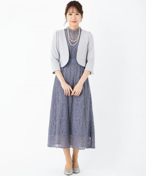 Select Shop  【ドレス3点セット】スタンドカラーパネル刺繍レースドレス　ブルーグレー/M-L