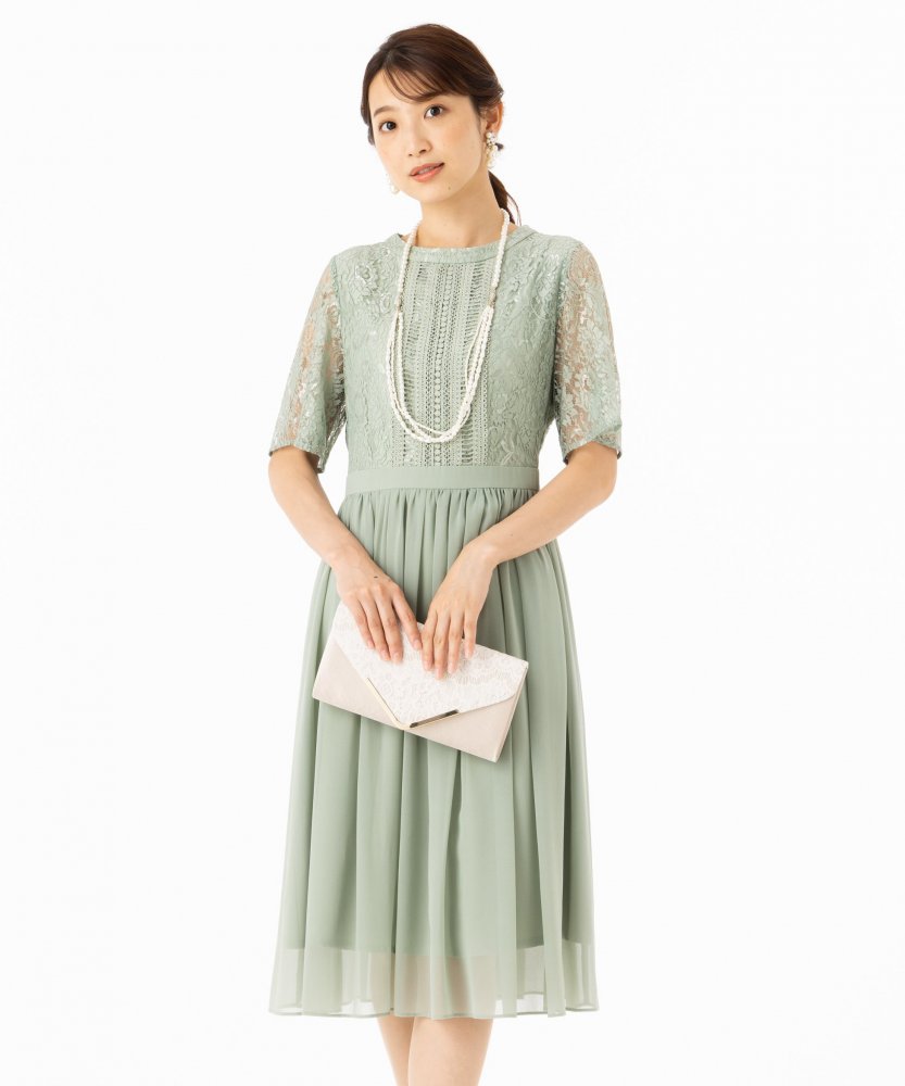 【ドレス3点セット】エメ　はしごレースシフォンギャザースカートドレス　ミントグリーン/S-M
