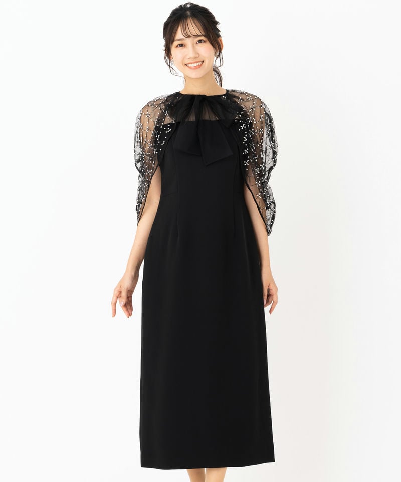 セルフォード　ビーズ刺繍ケープ付ドレス　ブラック/M