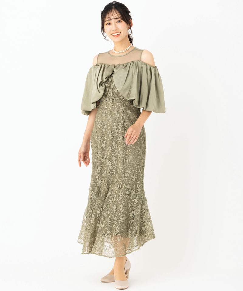 レジャ　花柄刺繍オフショルダーシアードッキングドレス　グリーン/M