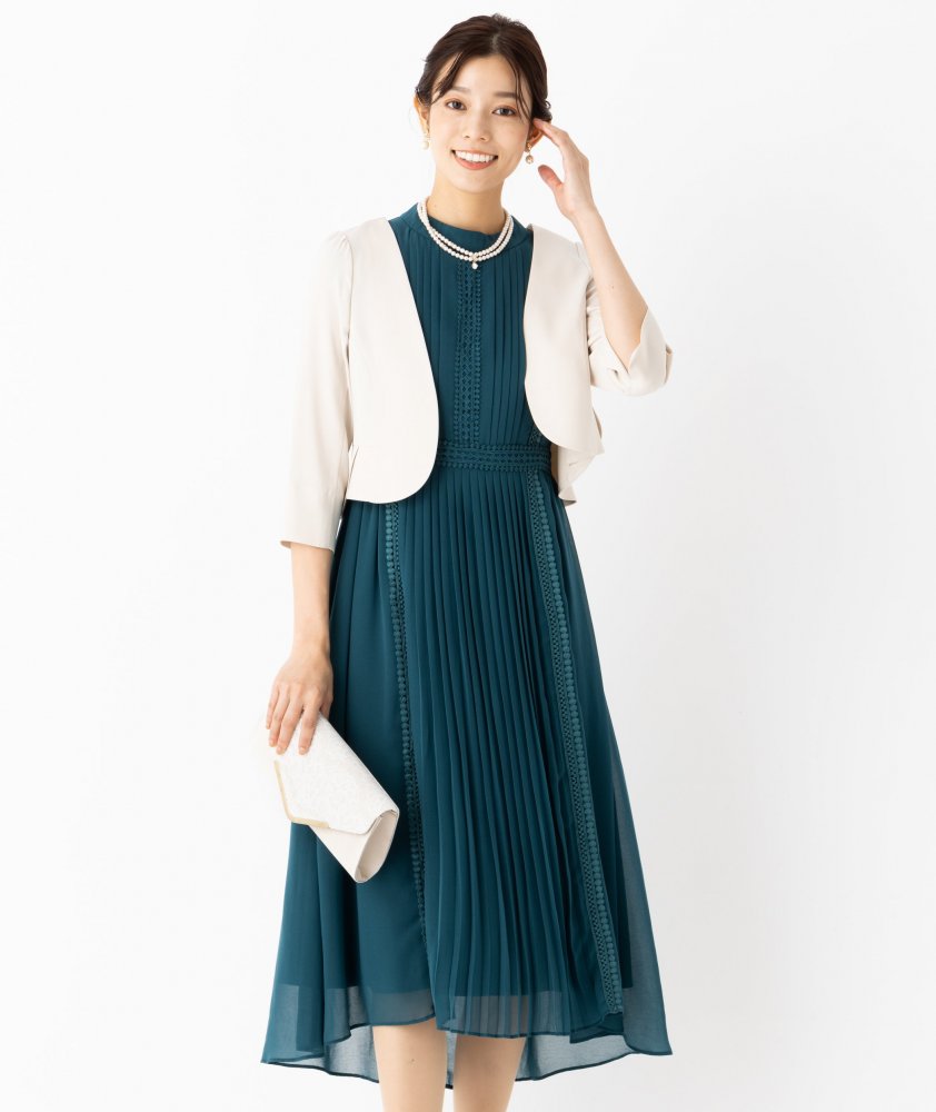 Select Shop  【ドレス3点セット】スタンドカラープリーツドレス　グリーン/M