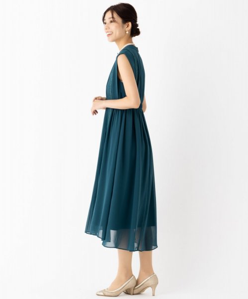 Select Shop  【ドレス3点セット】スタンドカラープリーツドレス　グリーン/M