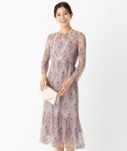 kaene  【ドレス3点セット】カエン　オールレースロングスリーブドレス　ピンクパープル/S-M