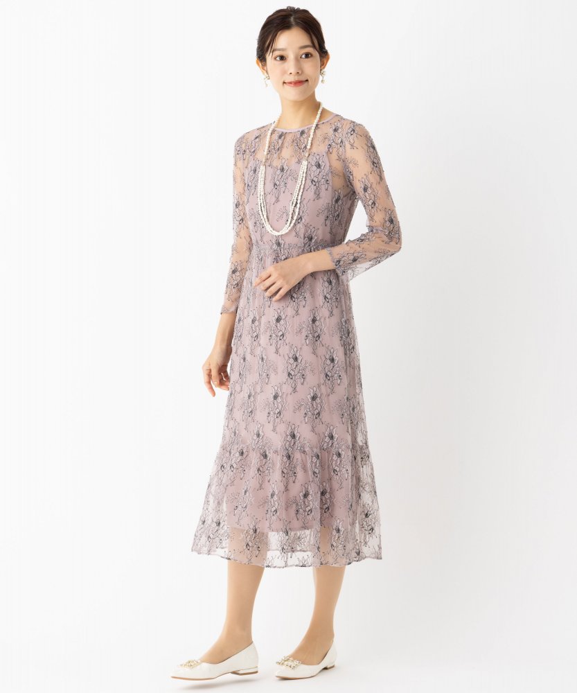 【ドレス3点セット】カエン　オールレースロングスリーブドレス　ピンクパープル/S-M