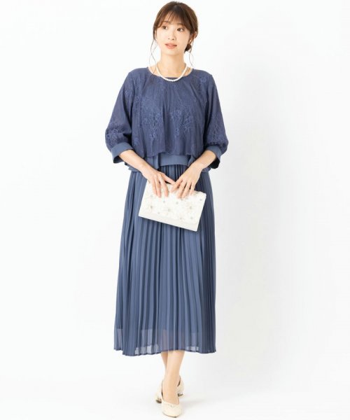 Select Shop  【授乳マタニティ】レーストップ×プリーツスカートドレス　グレイッシュブルー/L