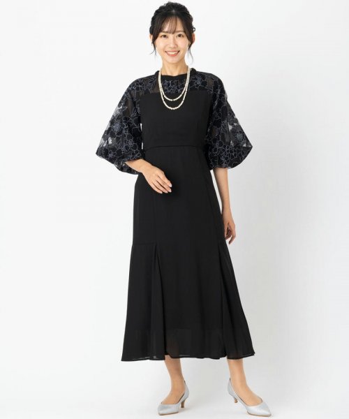 Select Shop  花柄バルーンスリーブドレス　ブラック/M