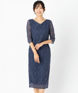エメ　袖付きラッセルレースIラインドレス　ブルー/M