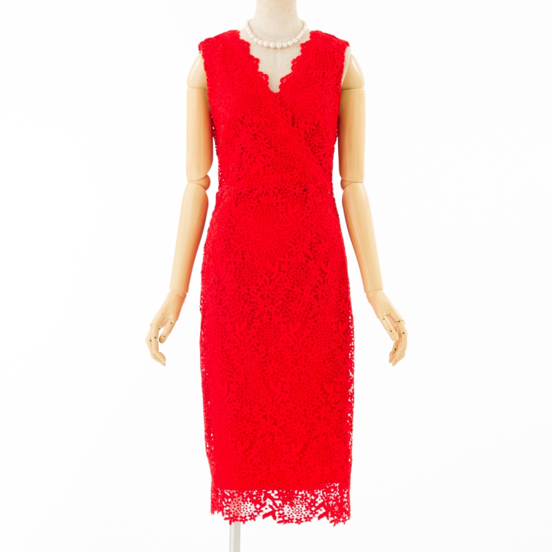 Select Shop  カシュクールフラワー刺繍ドレス レッド/M
