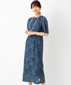 Aimer  ジャカードレース袖付きタイトラインドレス　ブルー/M