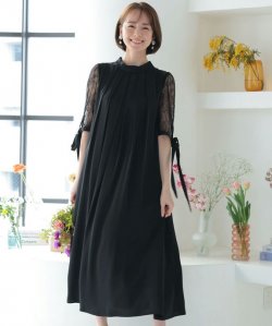 胸元タックデザインAラインドレス　ブラック/M