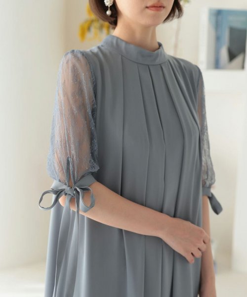 Select Shop  胸元タックデザインAラインドレス　ブルーグレー/M
