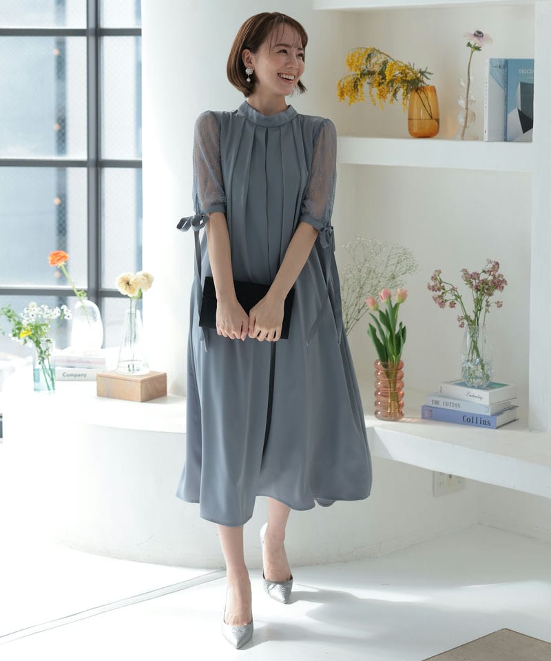 胸元タックデザインAラインドレス　ブルーグレー/M