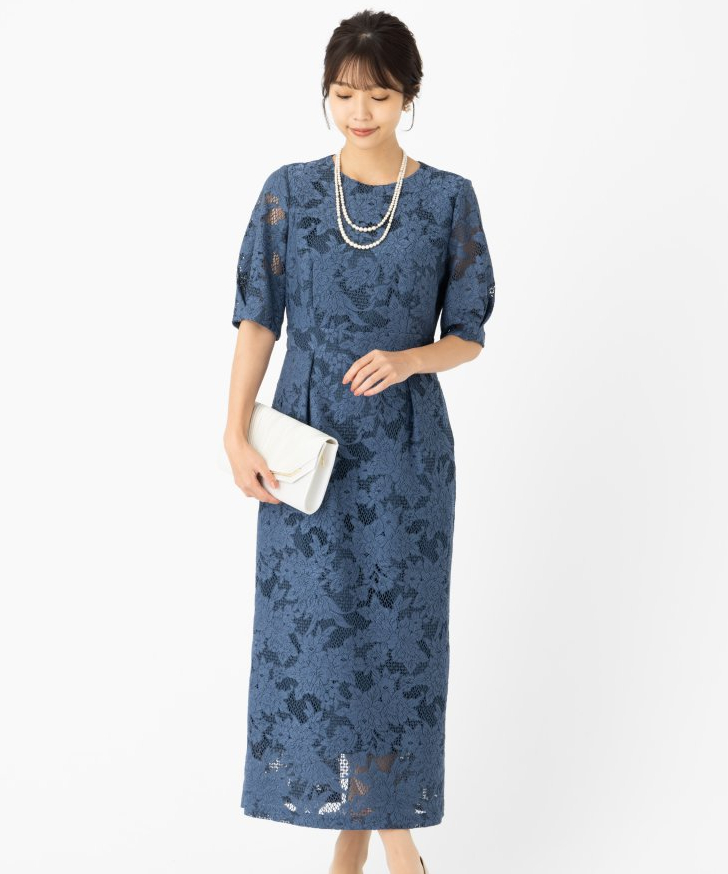 Aimer  【ドレス3点セット】エメ　ジャカードレース袖付きタイトラインドレス　ブルー/M