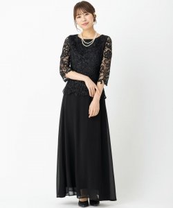 刺繍レースシフォンマザードレス　ブラック/LL