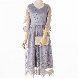 Select Shop  チュールフラワー刺繍ドレス　グレージュ/3L