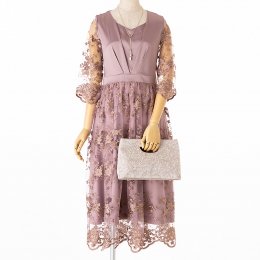 Select Shop  チュールフラワー刺繍ドレス　スモーキーピンク/L