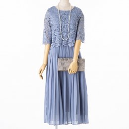 Select Shop  レースレイヤードプリーツドレス　ブルーグレー/L