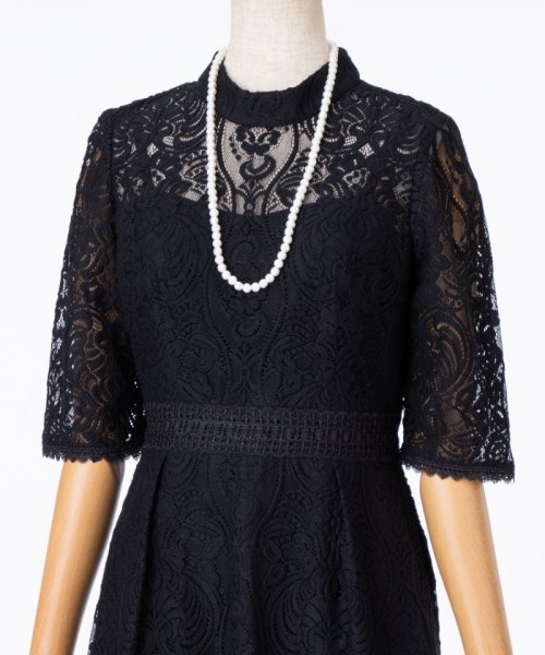 Select Shop  スタンドカラーパネル刺繍レースドレス　ブラック/M-L