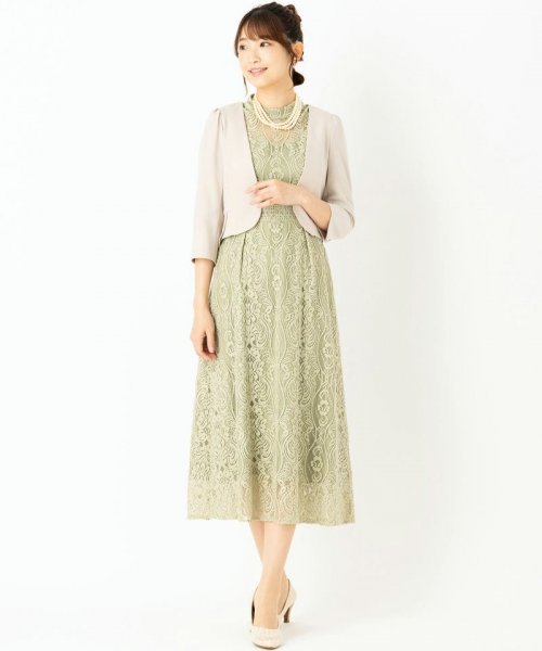 Select Shop  【ドレス3点セット】スタンドカラーパネル刺繍レースドレス　ライトグリーン/S-M