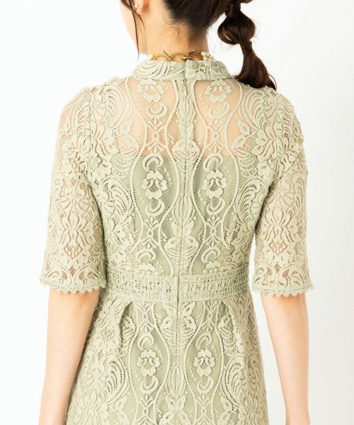 Select Shop  【ドレス3点セット】スタンドカラーパネル刺繍レースドレス　ライトグリーン/S-M