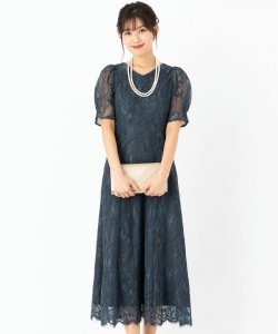 Aimer  【ドレス2点SET】エメ 配色コードレース袖付きフレアドレス ダークグリーン/M