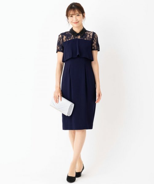GRACE CONTINENTAL  グレースコンチネンタル　オーガン刺繍襟ドレス　ネイビー/S-M