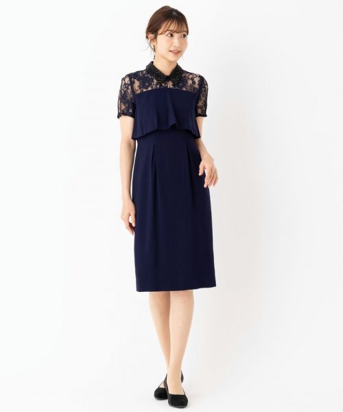 GRACE CONTINENTAL  グレースコンチネンタル　オーガン刺繍襟ドレス　ネイビー/M-L