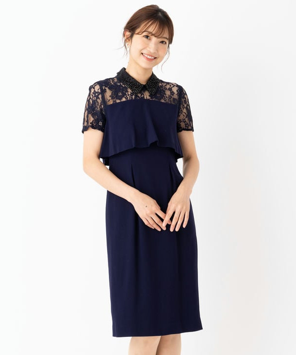 GRACE CONTINENTAL  グレースコンチネンタル　オーガン刺繍襟ドレス　ネイビー/S-M