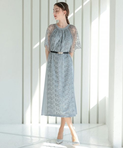 Select Shop  Aライン刺繍ドレス　ブルーグレー/M