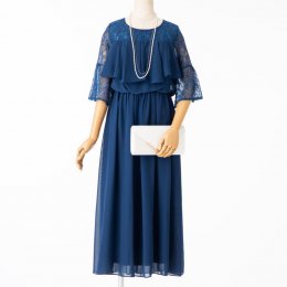 Select Shop  レーススリーブ胸元フリルロングドレス　ブルー/3L