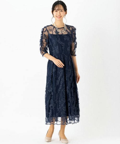 Select Shop  【ドレス3点セット】チュール×総刺繍ギャザースリーブドレス　ネイビー/L