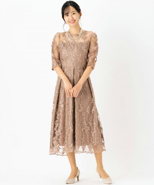 Select Shop  【ドレス3点セット】チュール×総刺繍ギャザースリーブドレス　モカ/L