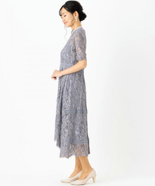 Select Shop  【ドレス3点セット】総レーススタンドカラードレス　グレイッシュブルー/L