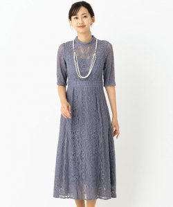 Select Shop  スタンドカラーパネル刺繍レースドレス　ブルーグレー/M-L