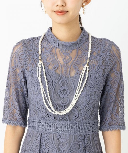 Select Shop  スタンドカラーパネル刺繍レースドレス　ブルーグレー/M-L