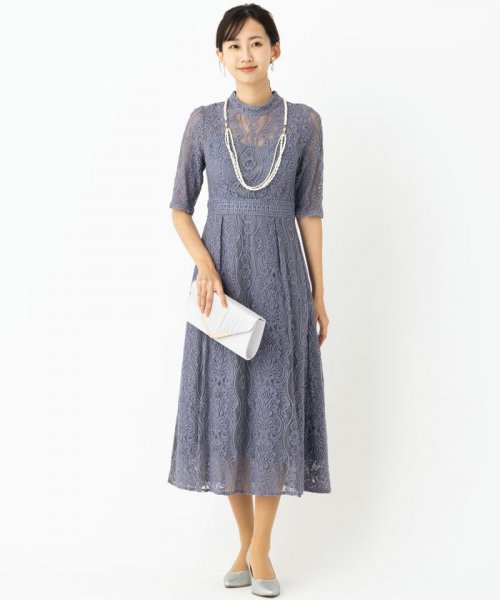 Select Shop  スタンドカラーパネル刺繍レースドレス　ブルーグレー/S-M