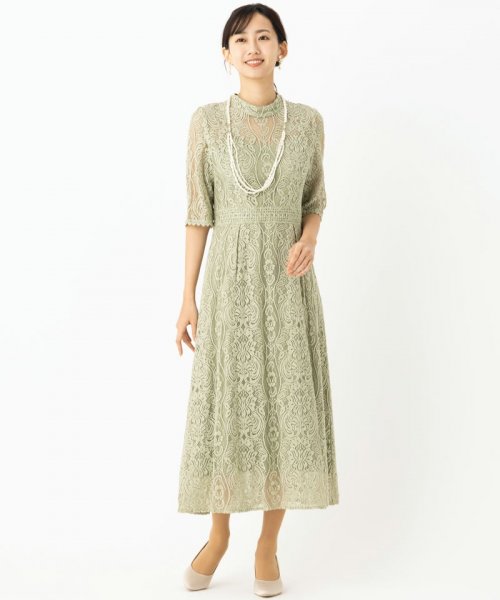 Select Shop  スタンドカラーパネル刺繍レースドレス　ライトグリーン/M-L