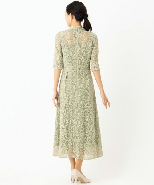 Select Shop  スタンドカラーパネル刺繍レースドレス　ライトグリーン/M-L