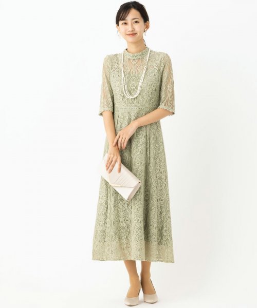 Select Shop  スタンドカラーパネル刺繍レースドレス　ライトグリーン/S-M