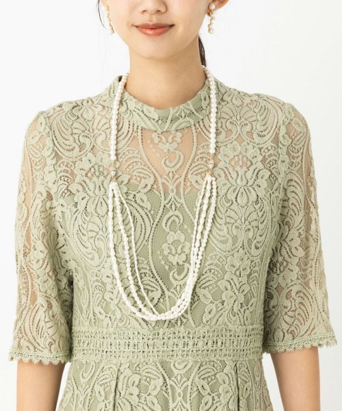 Select Shop  【ドレス3点セット】スタンドカラーパネル刺繍レースドレス　ライトグリーン/M-L