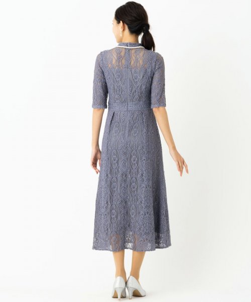 Select Shop  【ドレス3点セット】スタンドカラーパネル刺繍レースドレス　ブルーグレー/S-M
